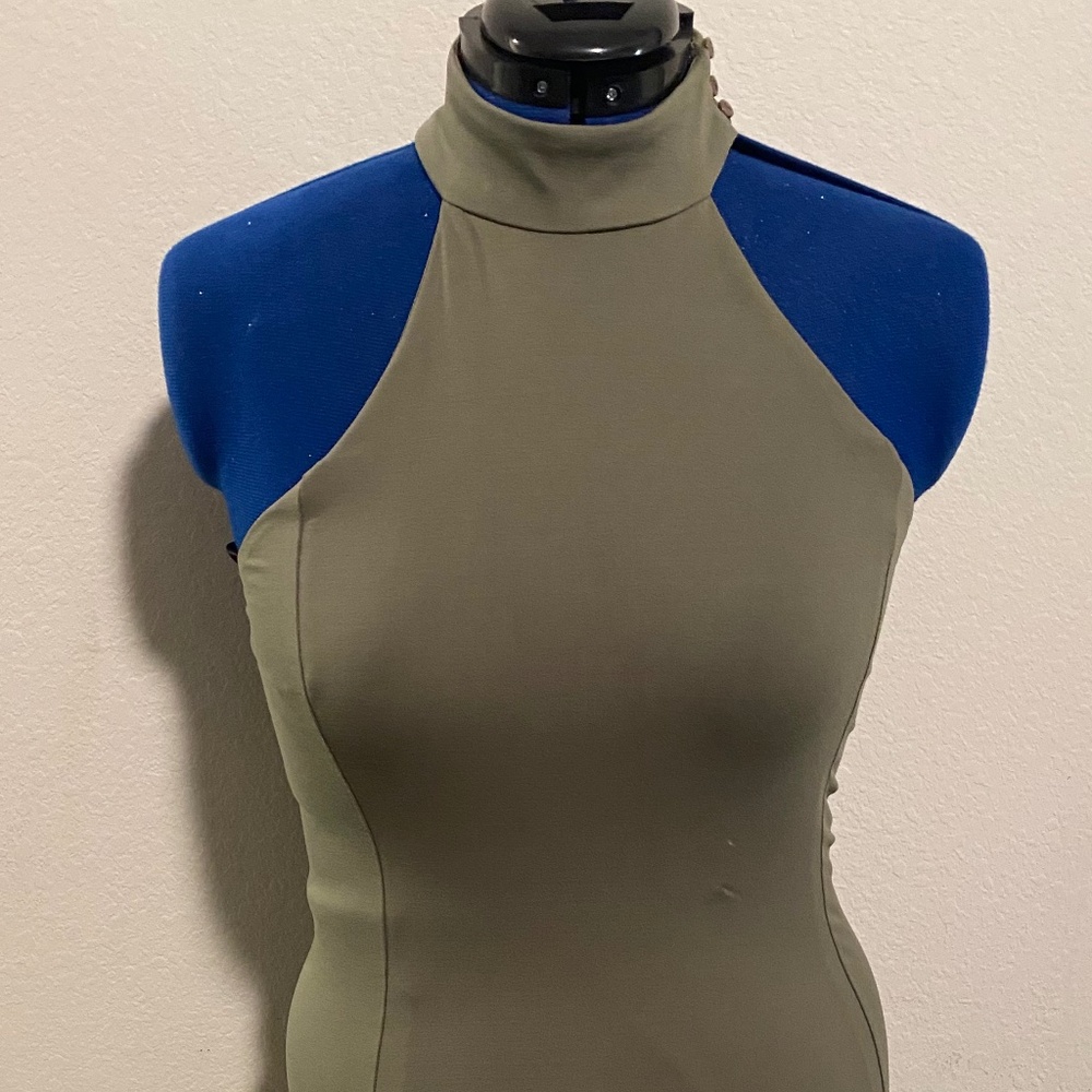 High Neck, Cross back Midi Bodycon Dress - Olive Green